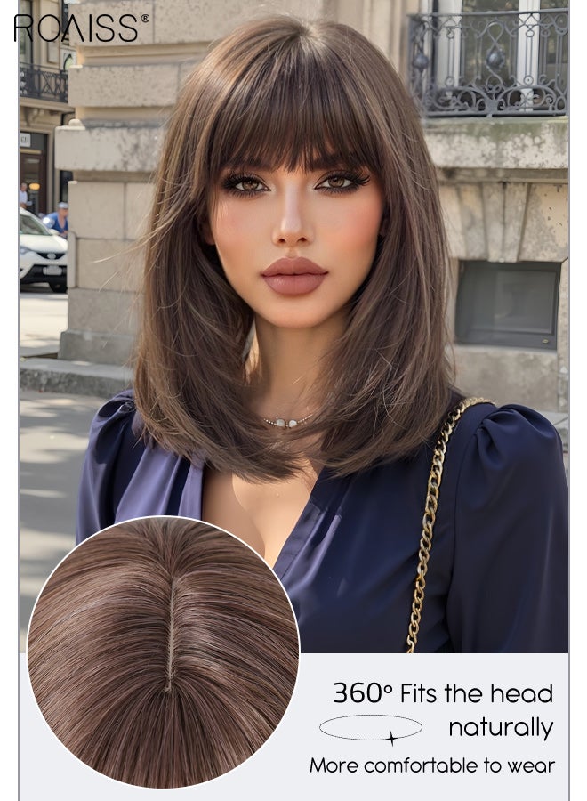 roaiss Brown Bob Straight Hair Wig with Bangs, Heat Resistant Synthetic Wig for Women, Suitable for Wedding Cosplay Party Daily Wear, Natural Looking, 35.6cm (14 inches) - Image 4